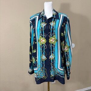 Quo-Silk Button Front Blue Nautical Print Shirt 100% Silk Women's Sz M Luxury